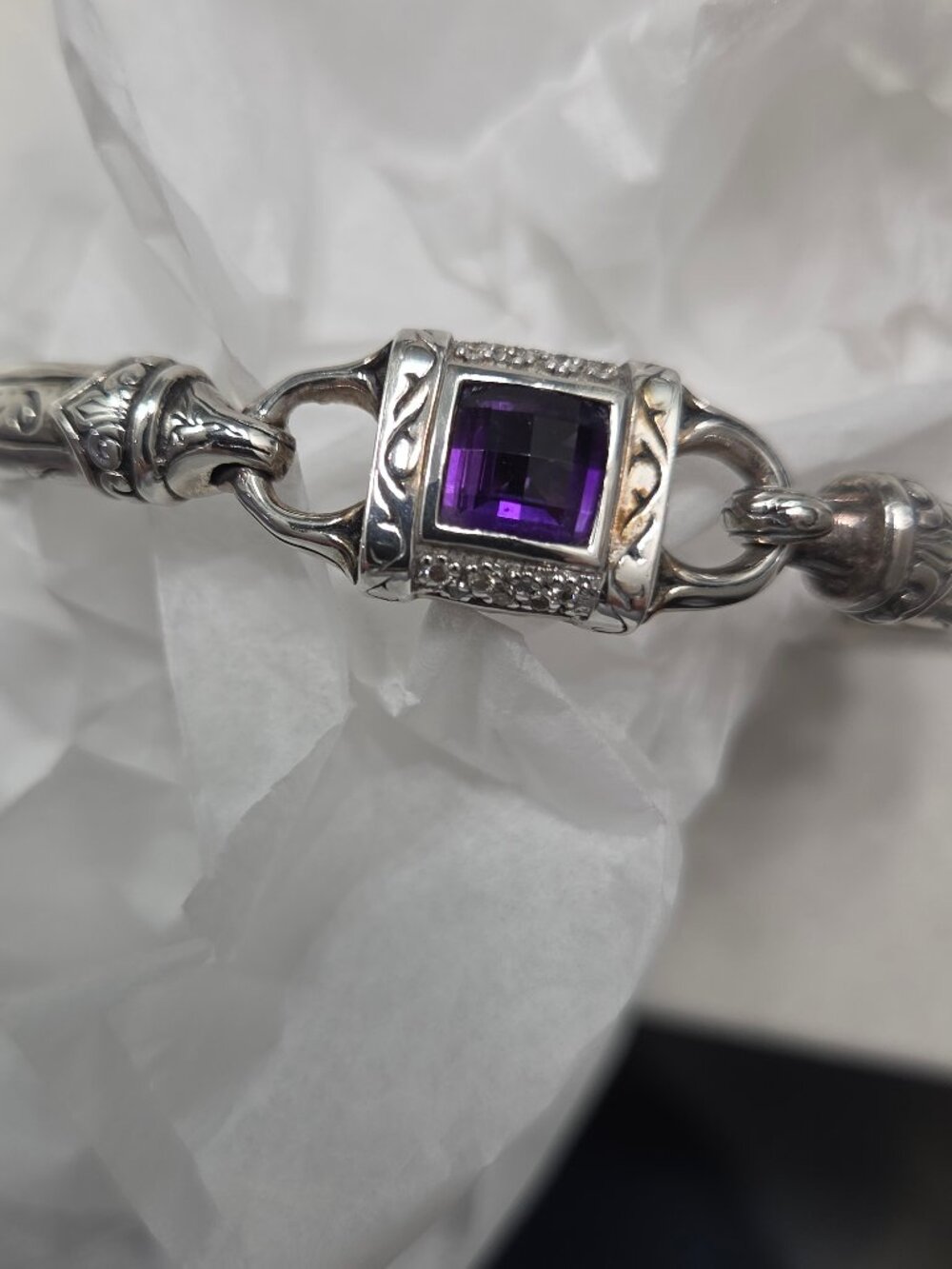 Vintage Scott Kay Sterling Silver Amethyst & Diamond Hinged Bangle Bracelet
